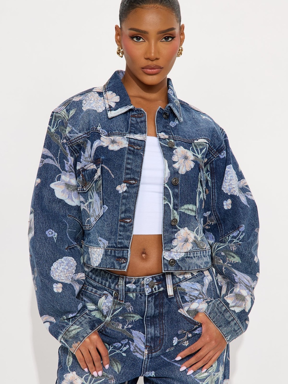 100% Cotton Floral Print Cropped Denim Jacket - Blue Barrel Sleeves NWOT - Picture 1 of 16